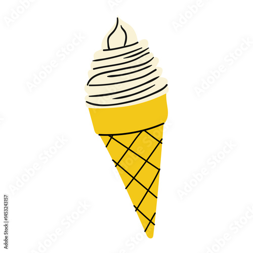 Swirled soft serve ice cream cone with a bright yellow waffle cone design