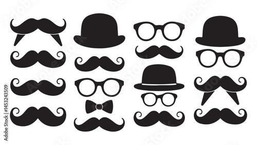 vector set of Hat, Glasses, Mustache and Bow Tie  black and white silhouette on white background. Father's day icon set