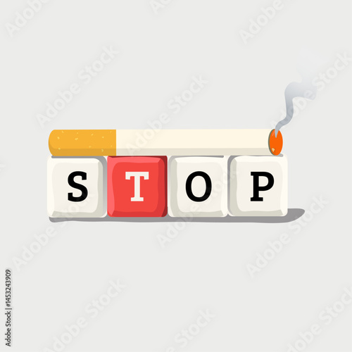 Creative vector illustration with a cigarette resting on cubes, each labeled with one letter of the word 