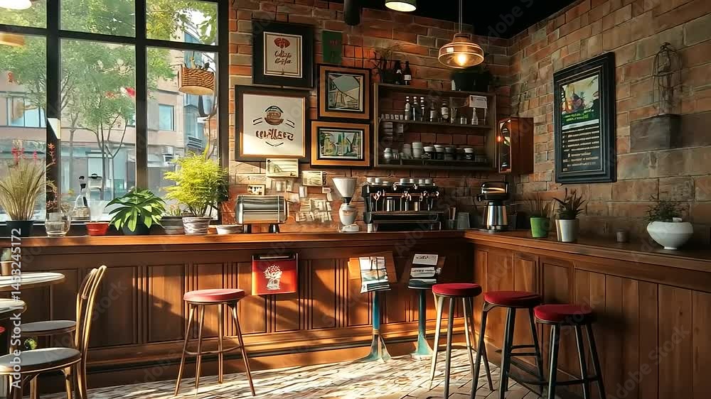 Cozy caf? interior with wooden bar and plants Cozy caf? interior with wooden bar and plants