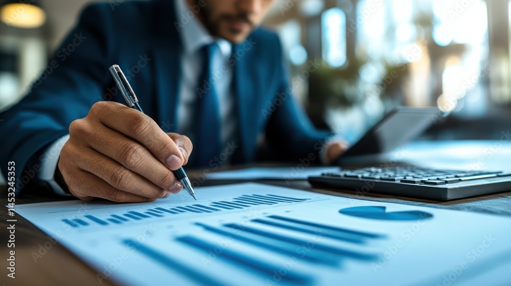 Executive meticulously reviewing financial performance charts with analytical insight Executive meticulously reviewing financial performance charts with analytical insight