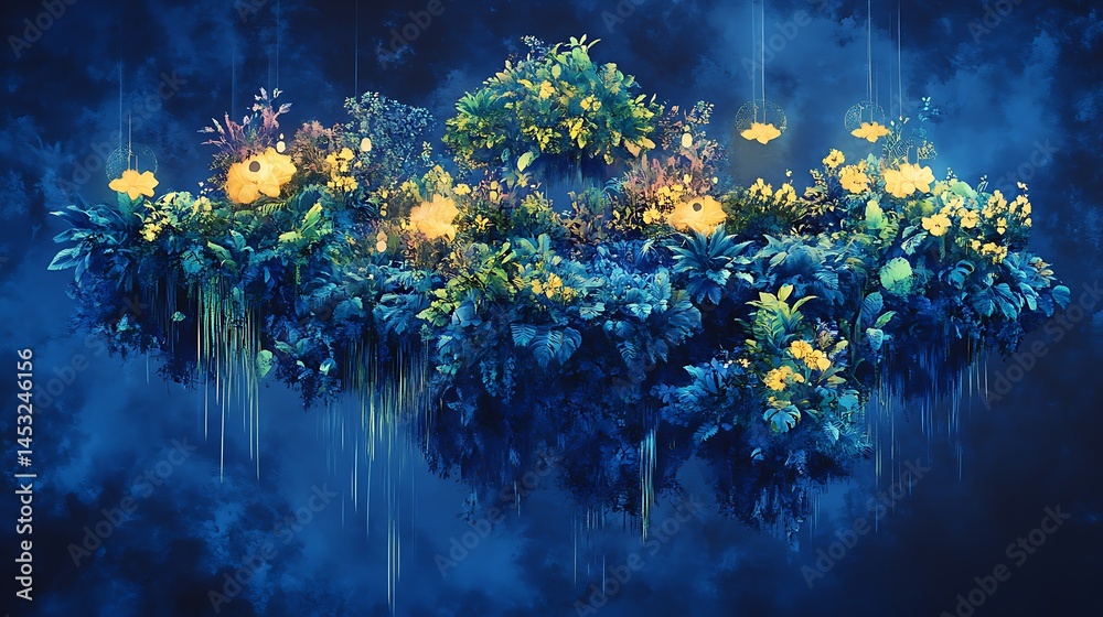 Obraz premium Lush Fantasy Garden with Yellow Flowers and Blue Foliage on Atmospheric Backdrop
