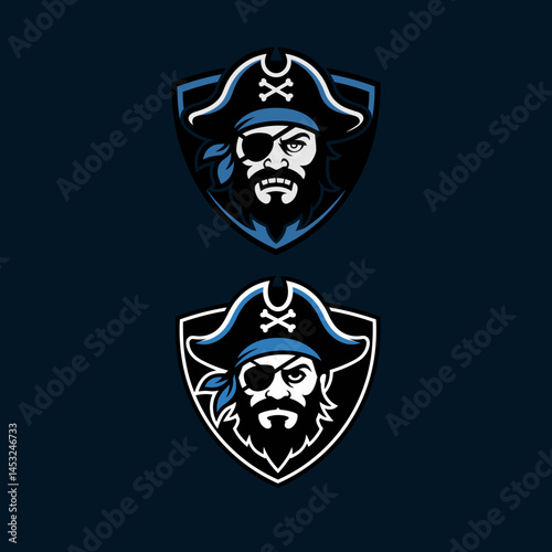 Duplicate Stylized Pirate Head Logos with Eye Patch and Bandana in Blue Shield