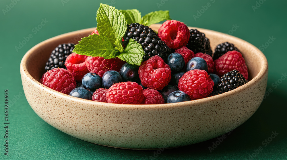Fresh raspberries, blackberries, and blueberries with mint leaves sprinkled on top, served in a minimalist ceramic bowl Fresh raspberries, blackberries, and blueberries with mint leaves sprinkled on top, served in a minimalist ceramic bowl
