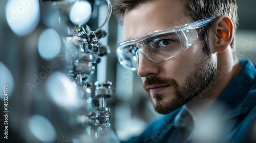 Focused Engineer Wearing Safety Goggles Works on Complex Machinery in Laboratory Setting, Highlighting Precision and Concentration in Technology