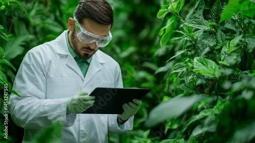 Scientist in Lush Green Environment Examines Tablet, Wearing Protective Goggles and Gloves, Surrounded by Vibrant Plants, Focused on Research