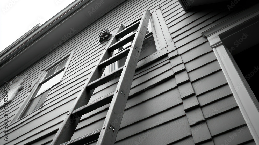 Obraz premium An Angled View Of A Wooden Ladder On A House Wall