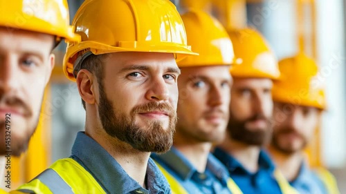 Group of Construction Workers in Yellow Hard Hats and Safety Vests Stand in Line, Focusing on Teamwork and Safety