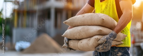 Construction worker carrying bags of cement
