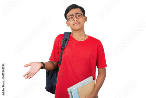 Young asian collage student shrugging with hands raised sideways confused expression