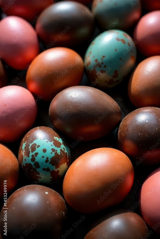 Dark chocolate speckled eggs, vibrant colors, pile, food, delicious candy, holiday Dark chocolate speckled eggs, vibrant colors, pile, food, delicious candy, holiday