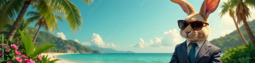 Fototapeta premium Sophisticated bunny in suit, sunglasses, tropical backdrop, animal, chic, graphics