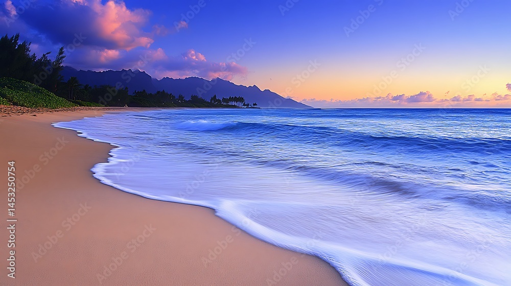 Fototapeta premium Serene Shoreline Gentle Waves on Sandy Beach at Twilight with distant Mountain View