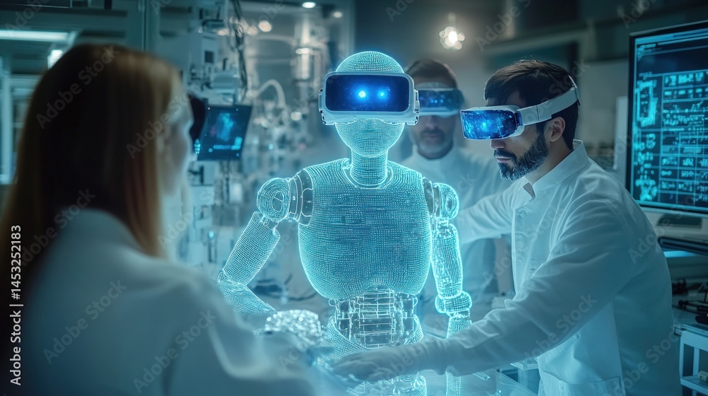 Scientists interacting with a holographic robot in a futuristic lab Scientists interacting with a holographic robot in a futuristic lab