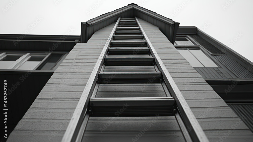 A metal ladder leaning against a building towards the sky A metal ladder leaning against a building towards the sky