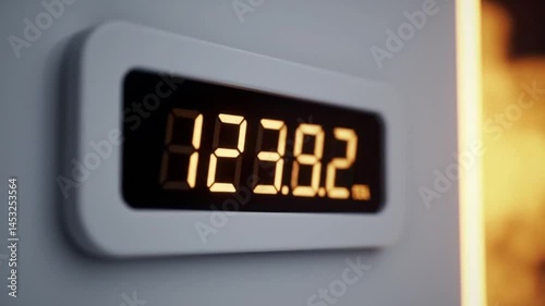 Close up of digital display showing one hundred thirty five point zero six in bright orange color