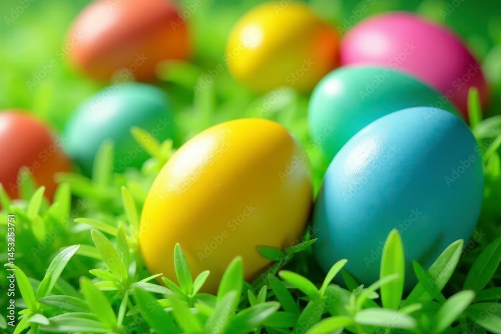 Brightly colored plastic Easter eggs; green, yellow, blue Perfect for spring themes , background, treat, graphic Brightly colored plastic Easter eggs; green, yellow, blue Perfect for spring themes , background, treat, graphic