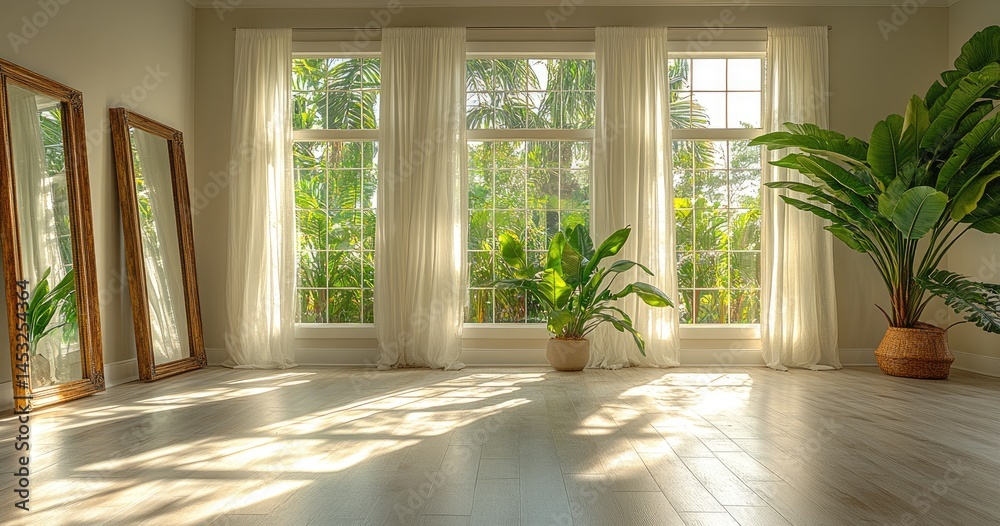 Fototapeta premium Spacious room with large windows and lush greenery.