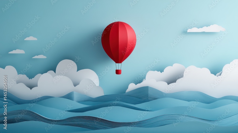 Obraz premium Whimsical journey: A red hot air balloon floats over paper waves and clouds