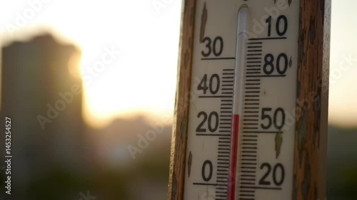 Close up of a thermometer showing a high temperature with a blurred background of buildings and sun