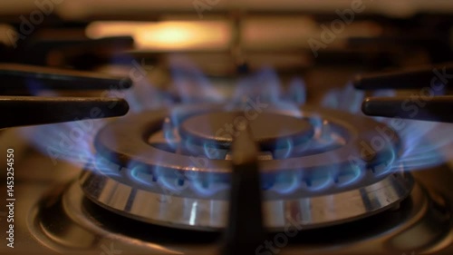 A close up of a gas stove burner with blue flames emanating from the center ring of the appliance