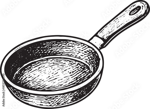 A retro-style hand-drawn frying pan sketch, ideal for kitchen decor, recipe books, culinary blogs, or cooking-themed design projects
