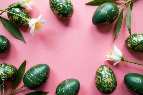 Dark green eggs, gold folk art, pink background Easter top view pattern , folklore, ornament, eggs