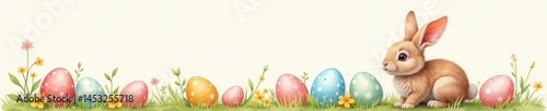 Playful bunny surrounded by speckled eggs, delicate watercolor wash, colorful, festive, rabbit