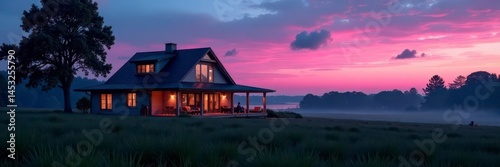Sleek farmhouse at twilight; vibrant pink & blue hues Oblique view , home, viewpoint