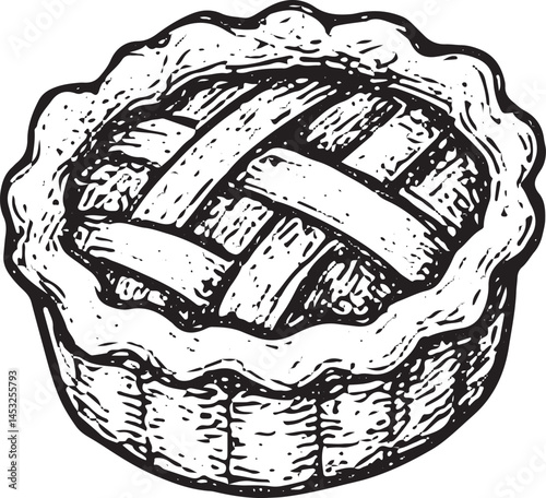 Vintage hand-drawn pie with lattice crust. Ideal for dessert packaging, autumn bakery themes, or classic food illustrations