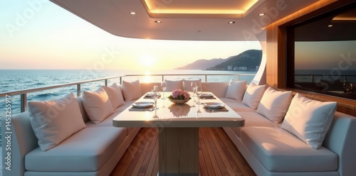 Spacious yacht deck, immaculate table setting, stunning seascape , table, blue