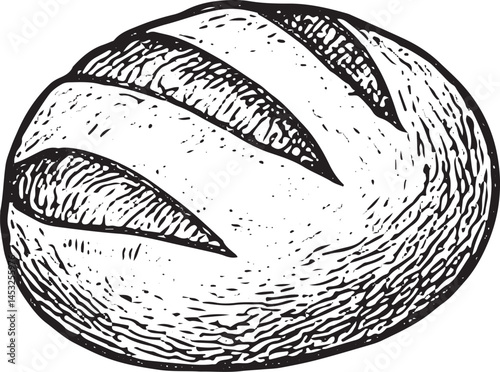 A hand-drawn round artisan bread loaf with deep scoring lines. Perfect for rustic bakery illustrations or vintage packaging designs