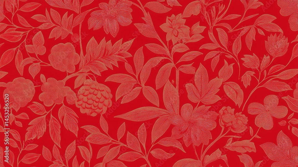 Fototapeta premium Red Floral Pattern with Gold Accents red vintage wallpaper