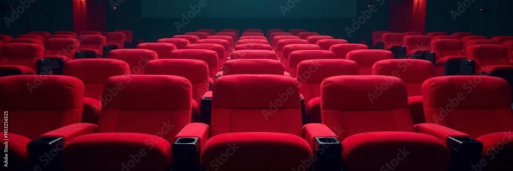 Fototapeta premium Empty plush red velvet cinema seats, awaiting moviegoers , empty seats, velvet, armrest