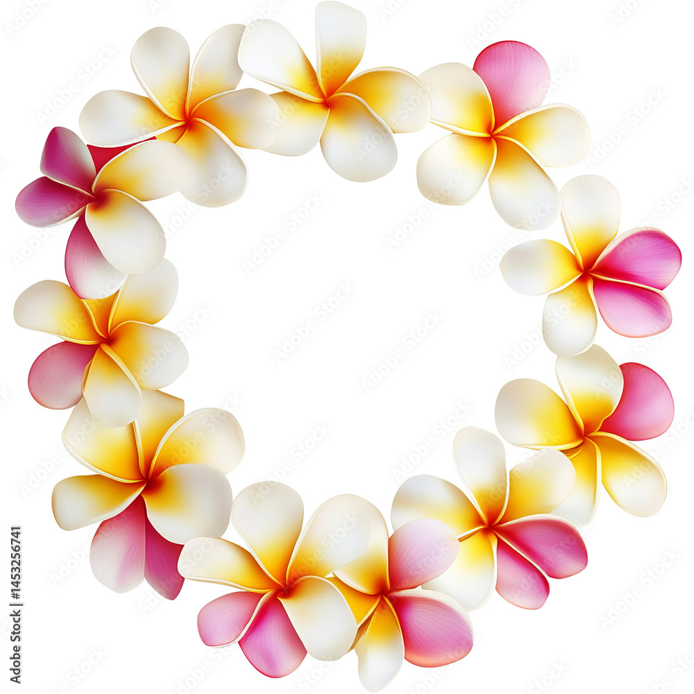 Obraz premium Vibrant flower wreath of plumeria flowers. The design forms a ring shape perfect for various uses