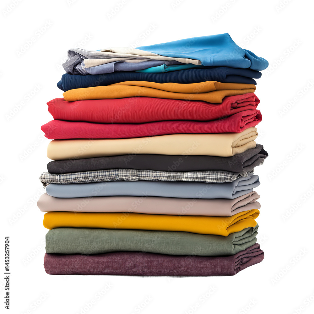 A neatly stacked pile of folded clothes, showcasing a variety of colors and textures A neatly stacked pile of folded clothes, showcasing a variety of colors and textures