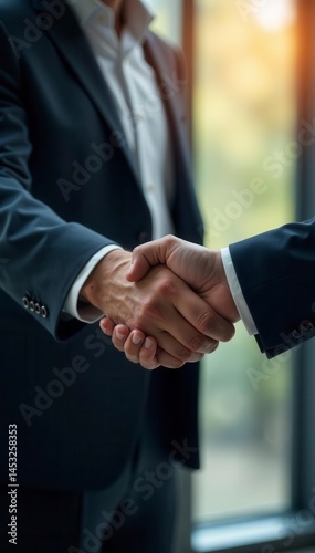 Two businessmen shaking hands, sealing a financial deal , office, tie