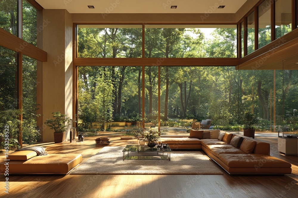 Fototapeta premium Spacious modern interior with forest views.