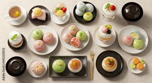 Elegant spread of wagashi desserts and refreshments, a curated selection of confections