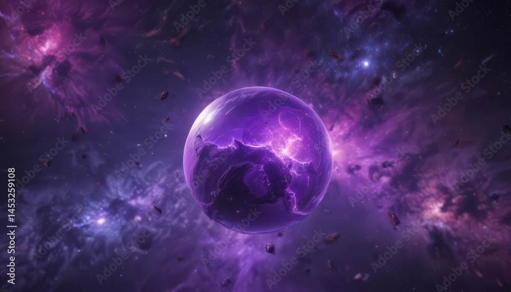 Fototapeta premium Glowing orb floats, vibrant purple nebulae create a cosmic scene , nebula, dreamlike, orb