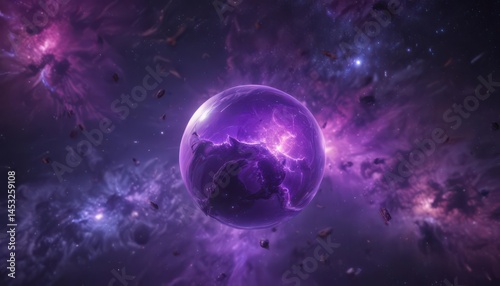 Glowing orb floats, vibrant purple nebulae create a cosmic scene ,  nebula,  dreamlike, orb