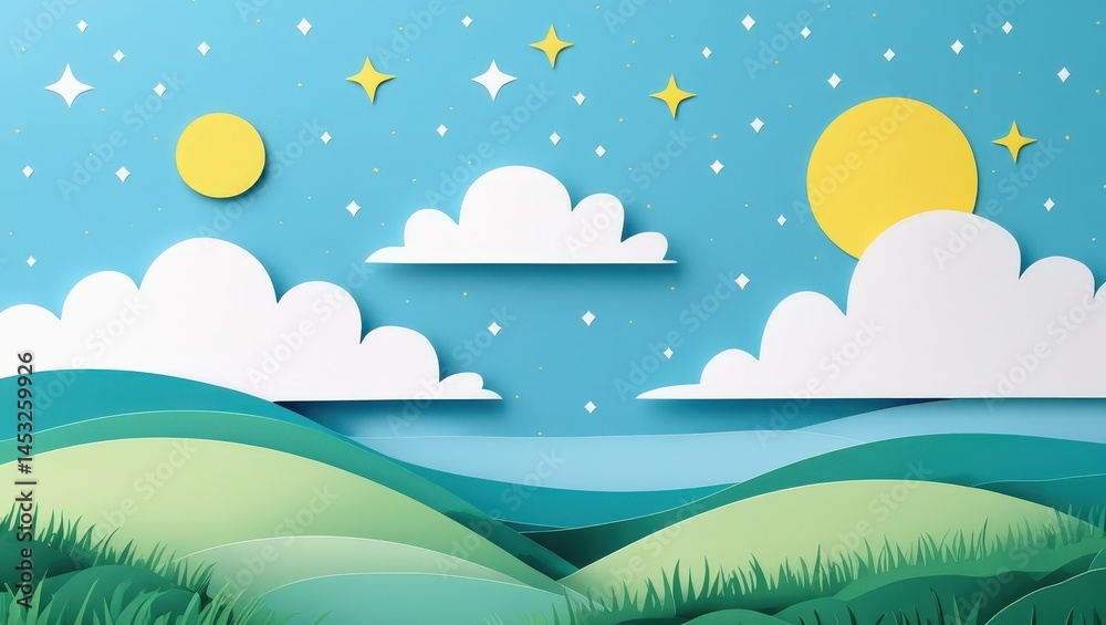 Fototapeta premium Paper art landscape depicting a sun, moon, clouds, and rolling hills under a starry sky