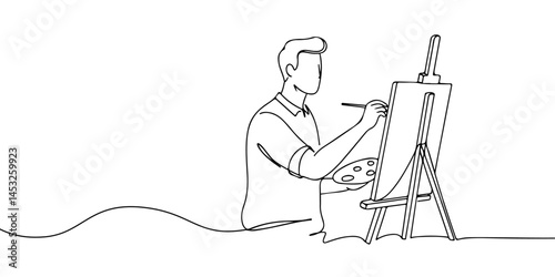 Continuous one line drawing of a creative professional painting at an easel, symbolizing working in the creative industry, line art style vector illustration.