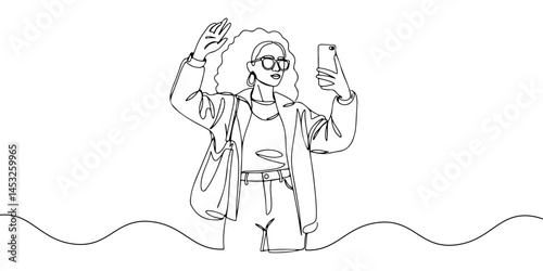 Continuous one line drawing of an influencer taking a selfie, symbolizing the phenomenon of influencer marketing, line art style vector illustration.