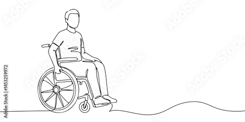Continuous one line drawing of a person in a wheelchair, symbolizing care and health, line art style vector illustration.