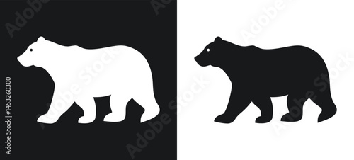 Two stylized bear silhouettes walking in opposing directions black and white design