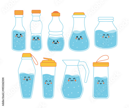 Set of cute drinking water bottle character cartoon with faces emoticon collection for kid and hydration. Funny water characters. Kawaii smiling full glass plastic. H2O for health. Drink more water.