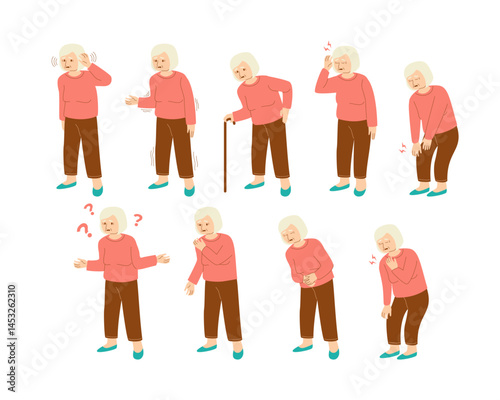 Set of elderly woman symptoms pose gesture with pain set collection with migraine, headache, knee, heart, chest, back, confuse, stomach, shoulder, numbness. Disease sick or disorder, illness gesture