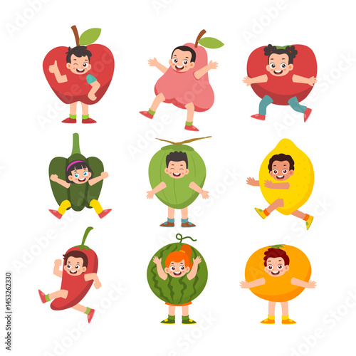 Set of cute little kid wearing vegetable and fruit costume set collection, children cartoon outfit or cosplay with fashion apple, pear, tomato, pepper, coconut, lemon, chili, watermelon and orange. 
