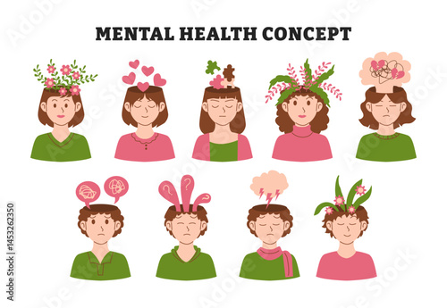 Set of mental health concept collection with male and female emotional expression through characters with symbolic thoughts and feelings on their heads brain flowers, cloud, love, puzzle illustration.